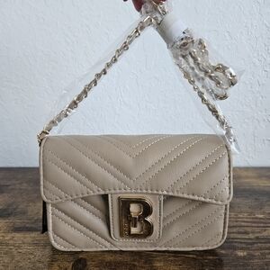 BEBE Rain Quilted Beige Gold Turn Lock Weave Chains Shoulder Bag Clutch Capsule